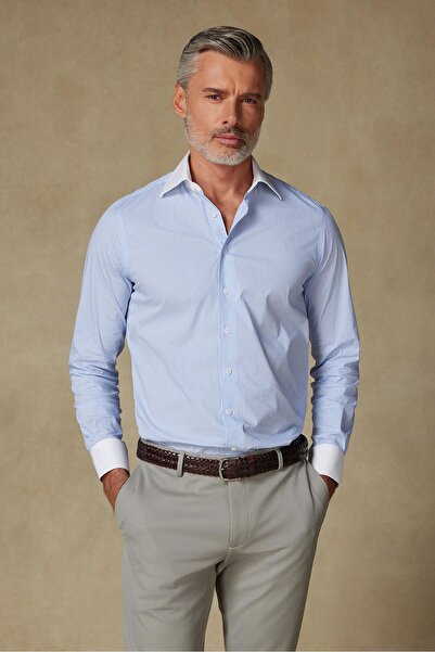 Abbate Sartoria Poplin Stretch Pamuk Karışımlı Slim Fit Açık Mavi İtalyan Yaka Erkek Çizgili Gömlek
