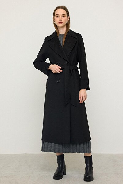 Olcay Reglan Sleeve Cape Detailed Self Patterned Limited Edition Coat Black 3141