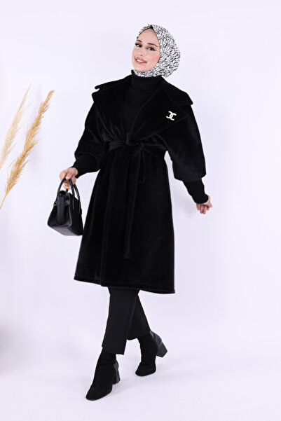 Bym Fashion Stone Bronze Detailed Black Coat with Waist Belt 7874