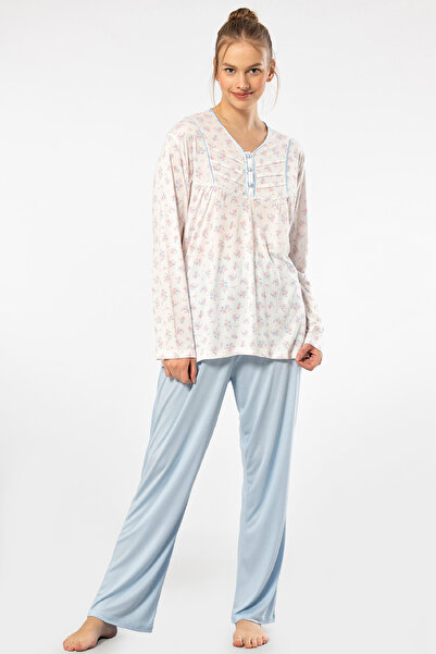 TÜREN Printed Placket Oversize Long Sleeve Pajama Suit 3366/Blue