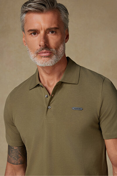 Abbate Бавовняна зручна модель Comfort Fit Хакі Короткий рукав Прямий Basic Поло-комір Повсякденна спортивна футболка Футболка