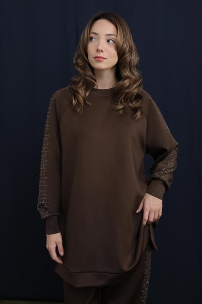 Puane Women's Basic Set with Stone Detail on Sleeves and Sides of Pants - 14394Tks - Brown