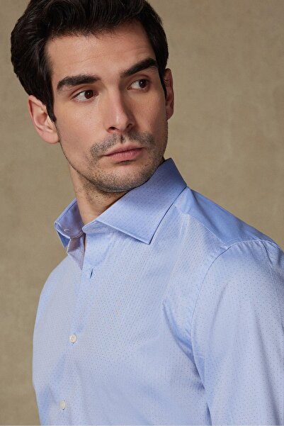 Abbate Donatello Armure Cotton Slim Fit Light Blue Classic Collar Men's Patterned Shirt