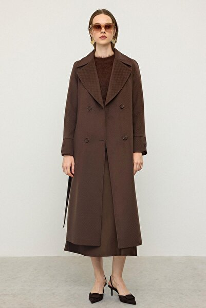 Olcay Reglan Sleeve Cape Detailed Self Patterned Limited Edition Coat Brown 3141