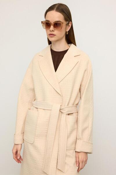 Olcay Torba Cepli Self Patterned Oversize Limited Edition Coat Cream 3140