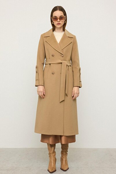 Olcay Limited Edition Coat with Knitted Stitch Detail and Self-Made Pattern Kamel 3134