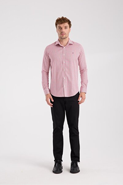 Abbate AClub Aclub Ac10072 Twill Cotton Slim Fit Red Classic Collar Men's Checkered Shirt