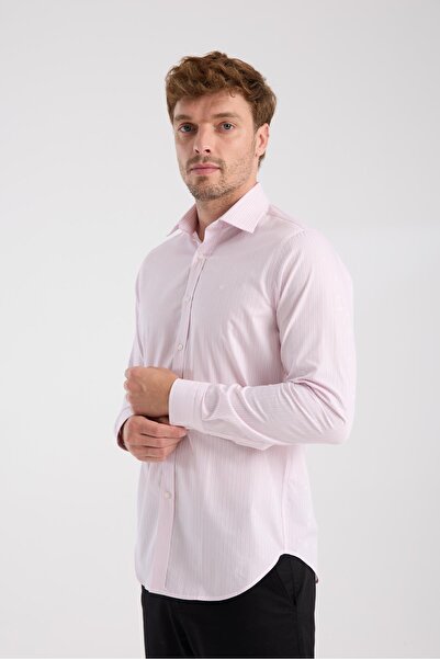 Abbate AClub Cămașă pentru bărbați cu dungi AClub AC10081 din bumbac twill, slim fit, roz, cu guler clasic