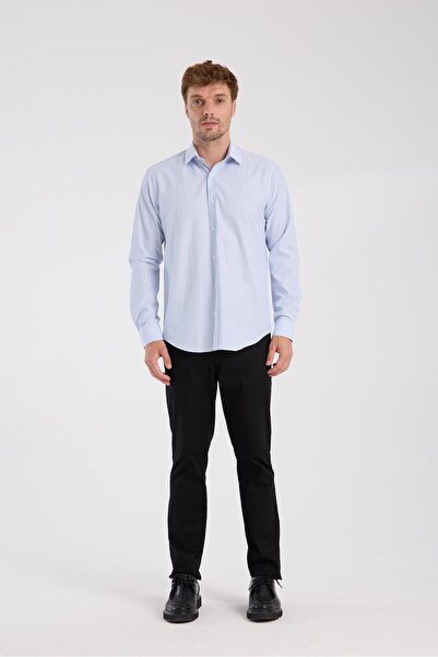 Abbate AClub Cămașă pentru bărbați cu dungi AClub AC10080 Oxford, amestec de bumbac, slim fit, albastru deschis, cu guler clasic