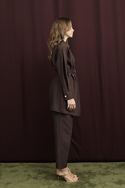 Puane Women's Hidden Placket Waist Elastic Belt Suit - 14388Tks - Brown