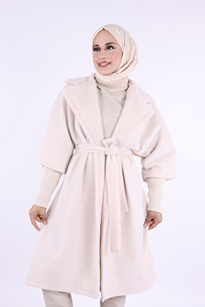 Bym Fashion Πέτρινο παλτό με λεπτομέρεια βρογχικού σχεδίου και ζώνη μέσης 7874