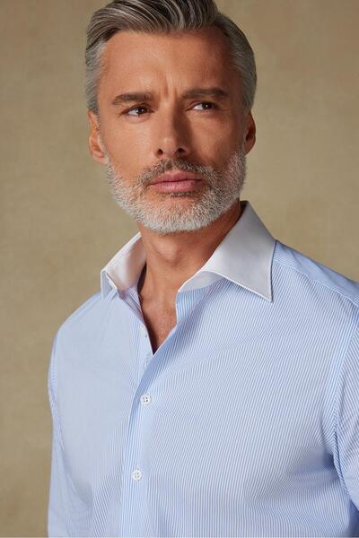 Abbate Sartoria Poplin Stretch Pamuk Karışımlı Slim Fit Açık Mavi İtalyan Yaka Erkek Çizgili Gömlek