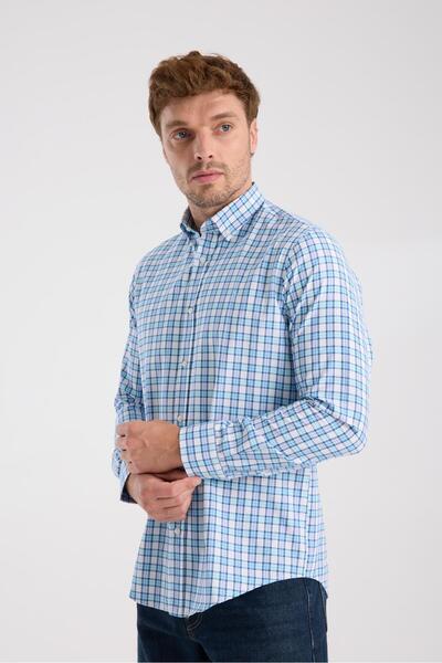 Abbate AClub Aclub Ac10083 Oxford Cotton Blend Slim Fit Turquoise Button-Down Collar Men's Checkered Shirt