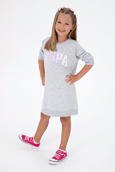 U.S. Polo Assn. Kız Çocuk Açık Gri Melanj Payet Detaylı Bisiklet Yaka Sweat Örme Elbise 50314313-VR091