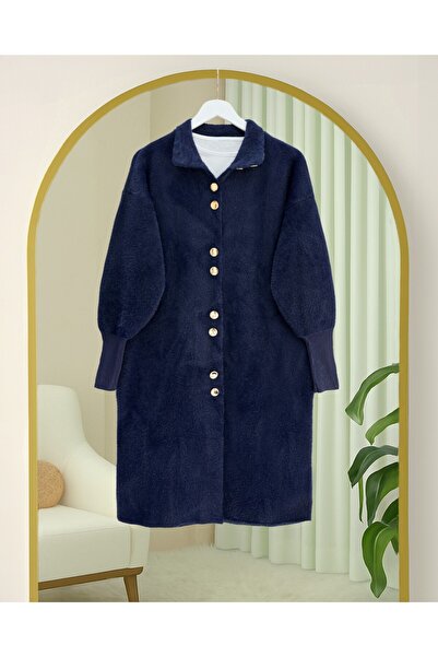 Modamorfo Buttoned Front Long Bearded Soft Cardigan - Navy