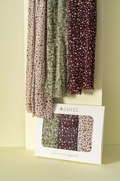 JAWEL Kadın Kırışmaz Tesettür 3'lü Bürümcük Şal Paketi (Fıstık Yeşili-Bordo-Taş)