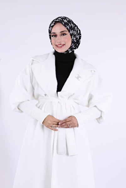 Bym Fashion Ecru Coat 7874 - Stone Detailed Waist Belted Collar