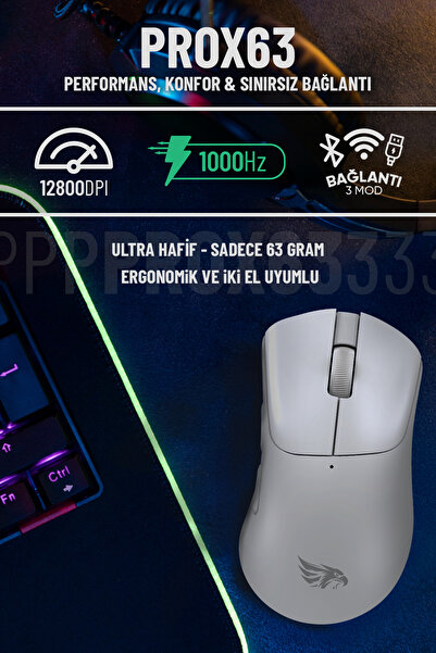 Enkado 63B Bluetooth Kablosuz Kablolu Şarjlı 12800 Dpı Gaming Mouse Makrolu Ultra Hafif Oyuncu Mouse Beyaz