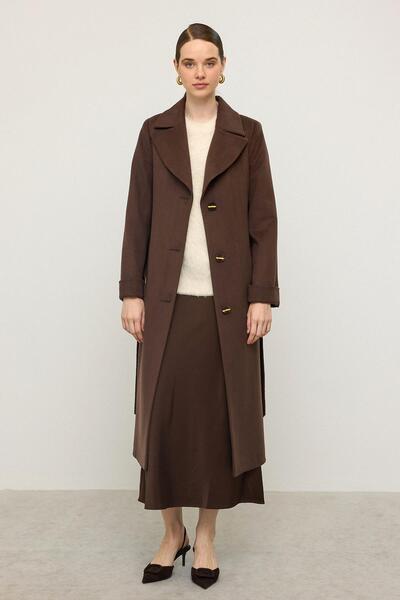 Olcay Herringbone Jacquard Patterned Waist-Tied Limited Edition Coat Brown 3136