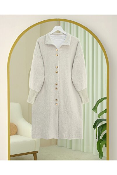 Modamorfo Buttoned Front Long Bearded Soft Cardigan -Stone