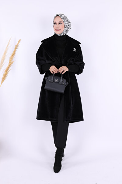 Bym Fashion Stone Bronze Detailed Black Coat with Waist Belt 7874