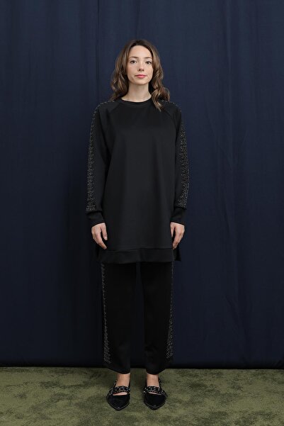 Puane Women's Basic Set with Stone Detail on Sleeves and Sides of Pants - 14394Tks - Black