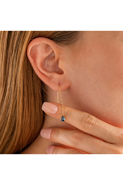 Goldstation 14 Ayar Altın Küpe Damla Taşlı (SAFİR)