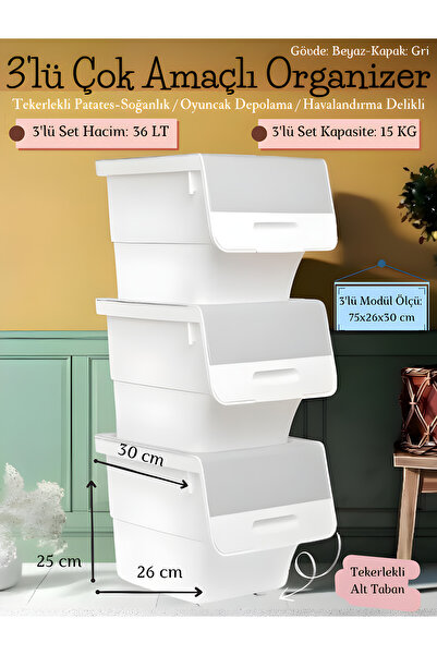 nextbuy 3’lü Kapaklı Sepet Tekerlekli Patates-Soğan Erzak Saklama Kutusu Oyuncak İçin Organizer Rafı