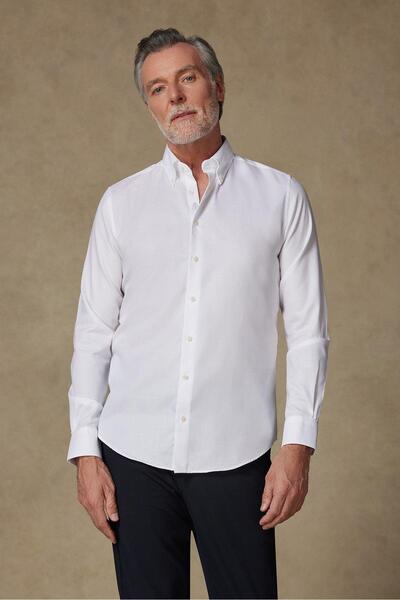 Abbate Carlo Royal Oxford Pamuklu Slim Fit Beyaz Düğmeli Yaka Erkek Düz Gömlek