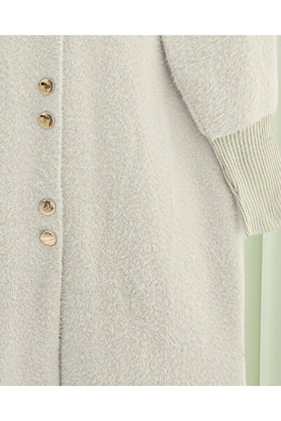 Modamorfo Buttoned Front Long Bearded Soft Cardigan -Stone