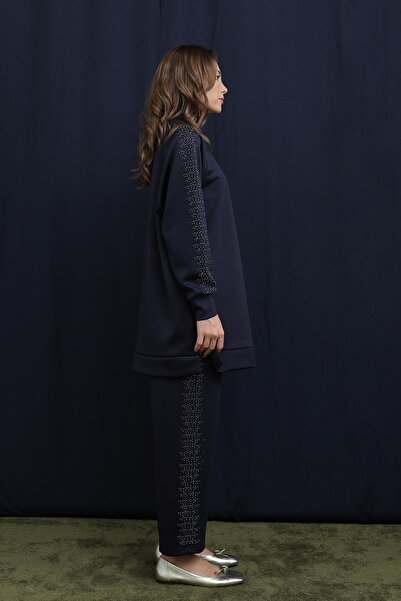 Puane Women's Basic Set with Stone Detail on Sleeves and Sides of Pants - 14394Tks - Navy Blue