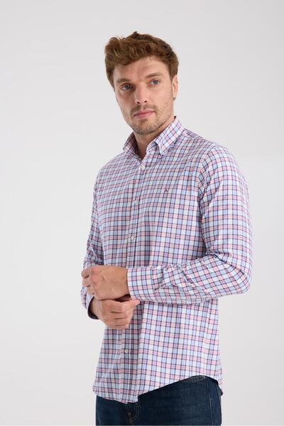 Abbate AClub Aclub Ac10083 Oxford Cotton Blend Slim Fit Red Button Collar Men's Checkered Shirt