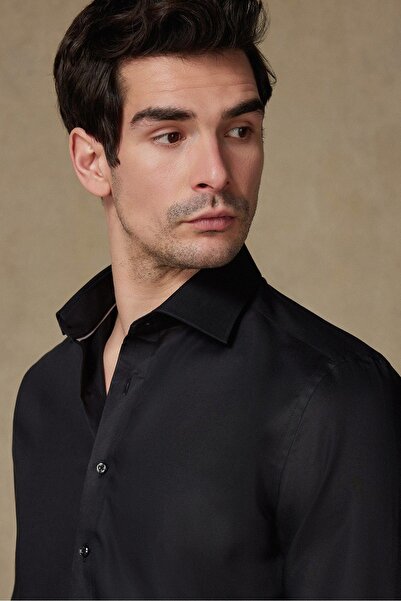 Abbate Donatello Сатене бавовняне Slim Fit Чорне Класичне комір Чоловіче пряме сорочка