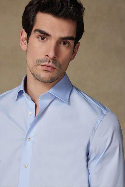 Abbate Мъжка риза от памук и поплин с еластична материя, тясна кройка, светлосиня, класическа яка