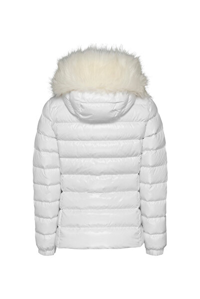 Tommy Hilfiger White Women's Stand Collar Standard Fit Puffer Coat Tjw Tonal Hooded down Jacket