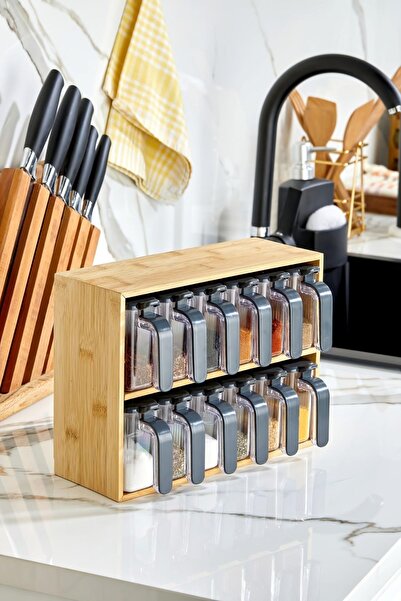 Piev Bambu Standlı Bölmeli Kapaklı ve Kaşıklı 12 Li Şeffaf Baharatlık