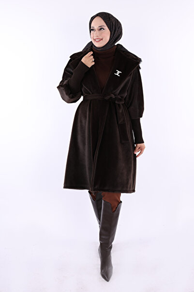 Bym Fashion Stone Bronch Detailed Waist Belted Coat 7874 - Brown