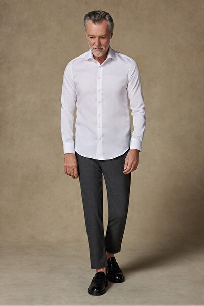 Abbate Donatello Non Iron Armür Pamuklu Slim Fit Beyaz Klasik Yaka Erkek Düz Gömlek