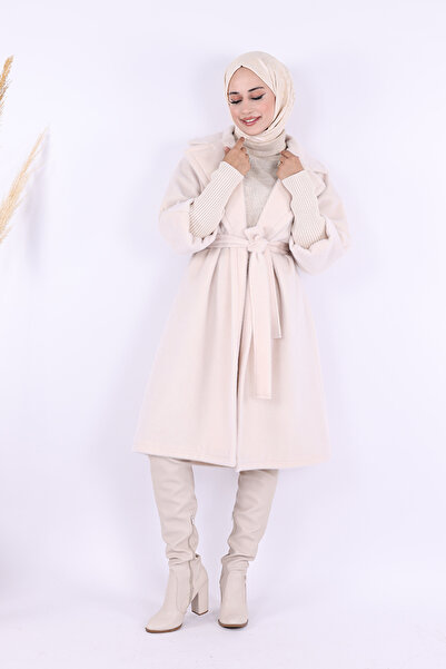 Bym Fashion Stone Bronch Detailed Waist Belted Coat 7874