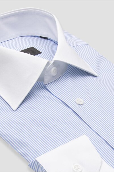Abbate Sartoria Poplin Stretch Pamuk Karışımlı Slim Fit Açık Mavi İtalyan Yaka Erkek Çizgili Gömlek