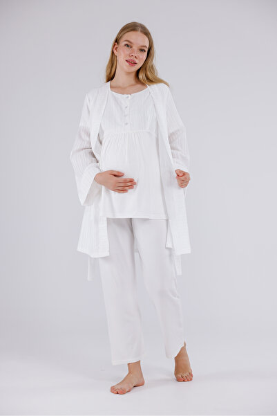 Lohusa Homewear طقم بيجامة نسائي من القطن بتصميم خاص من الجاكار باللون البيج ...