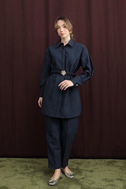 Puane Women's Hidden Placket Waist Elastic Belt Suit - 14388Tks - Navy Blue