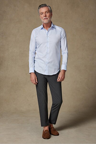 Abbate Донатело Нежелязна памучна риза с твилов плат, тясна кройка, светлосиня, класическа яка, мъжка, едноцветна