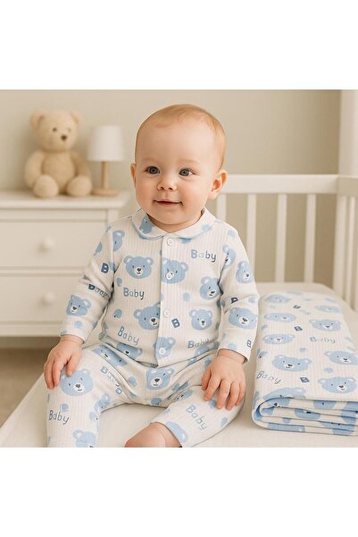 anne dokunuşu gibi KUZUM BEBE Mavi Fitilli Kumaş (3LÜ) Ayıcık Desen Kundaklı Bebek Takım