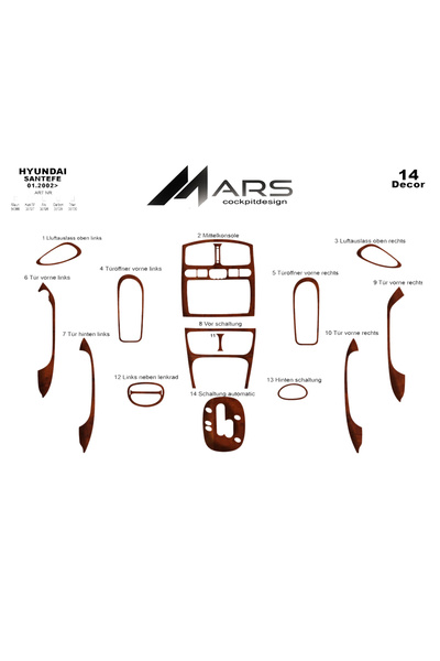 Marscockpitdesign هيونداي سانتافه توربيدو كونسول 2002-2006 14 قطعة
