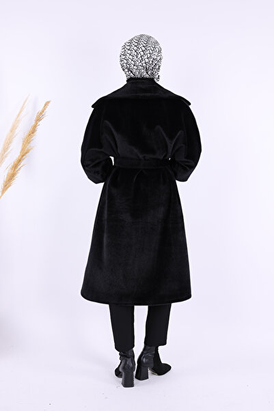 Bym Fashion Stone Bronze Detailed Black Coat with Waist Belt 7874