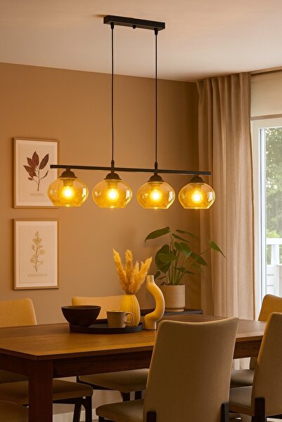 Modavize Albert Modern Salon - Mutfak Cafe Yemek Masası Üstü Siyah Renk Sıralı Bal Camlı 4 Lü Avize