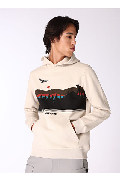 Discovery Expedition Bej Erkek Kapüşon Yaka Relaxed Baskılı Sweatshirt D4WM-S...