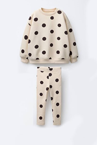 Monila Kız Çocuk Puantiye Baskılı 3 İplik Kumaş Alt Üst Takım