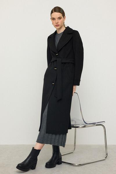 Olcay Herringbone Jacquard Patterned Waist-Tied Limited Edition Coat Black 3136